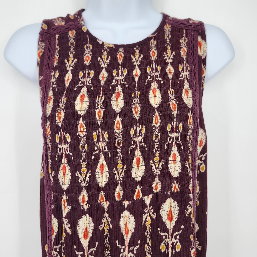 Knox Rose Earthy Indie Boho Ikat Dress Size S Purple Smocked Crochet Lace - Picture 2 of 6